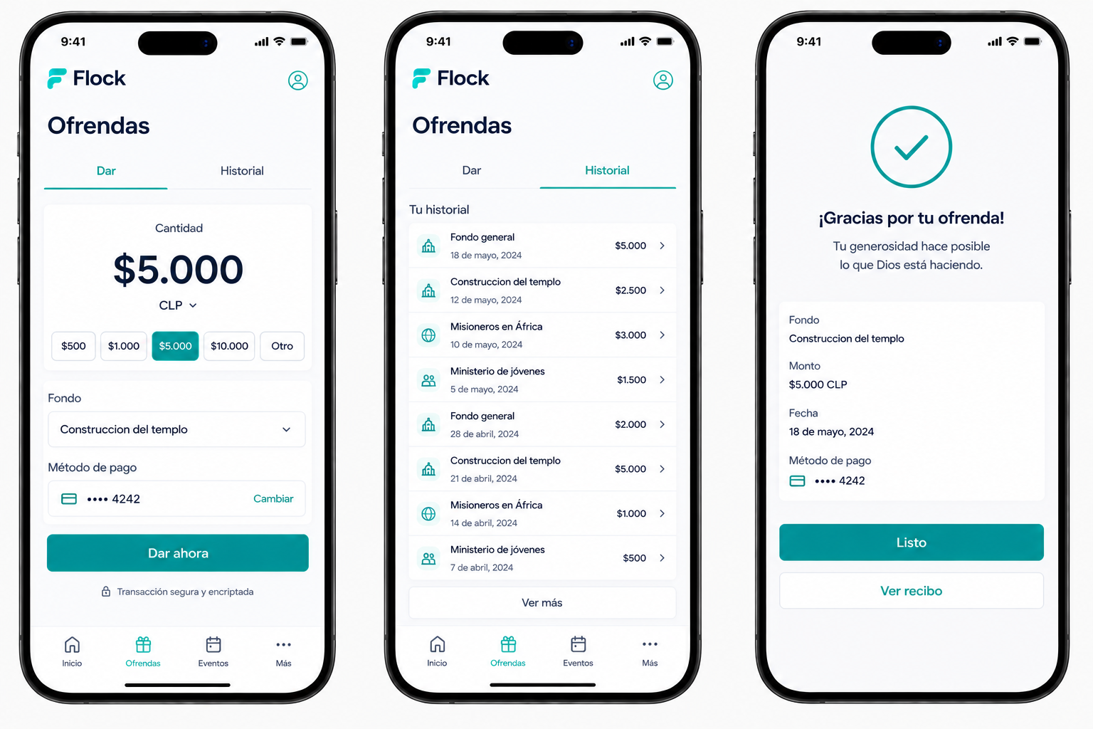 App de Flock para miembros — pantalla de ofrendas, historial y confirmación