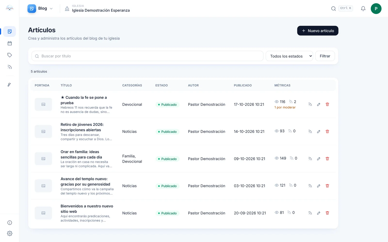 Blog en el panel de Flock, con datos de la iglesia de demostración