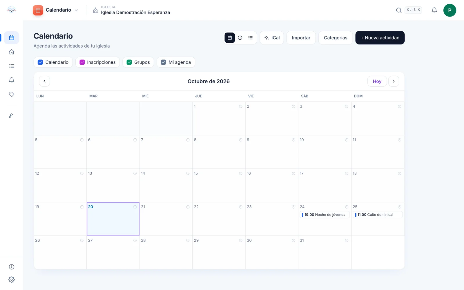 Calendario en el panel de Flock, con datos de la iglesia de demostración