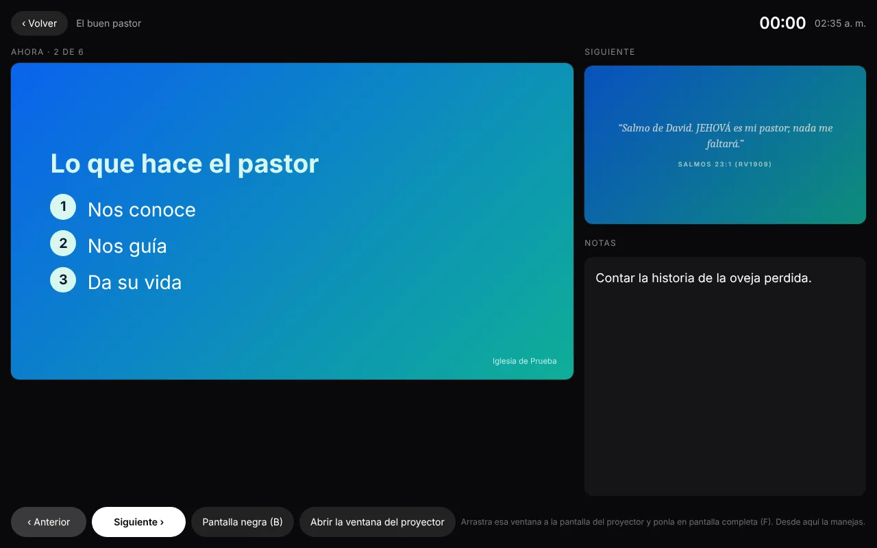 Vista del predicador: diapositiva actual, siguiente y notas