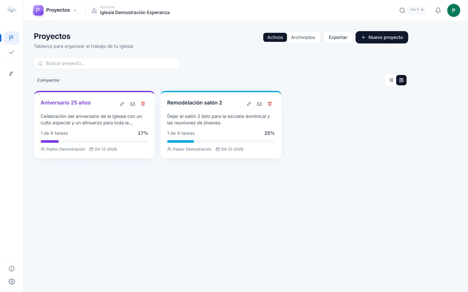 Proyectos en el panel de Flock, con datos de la iglesia de demostración