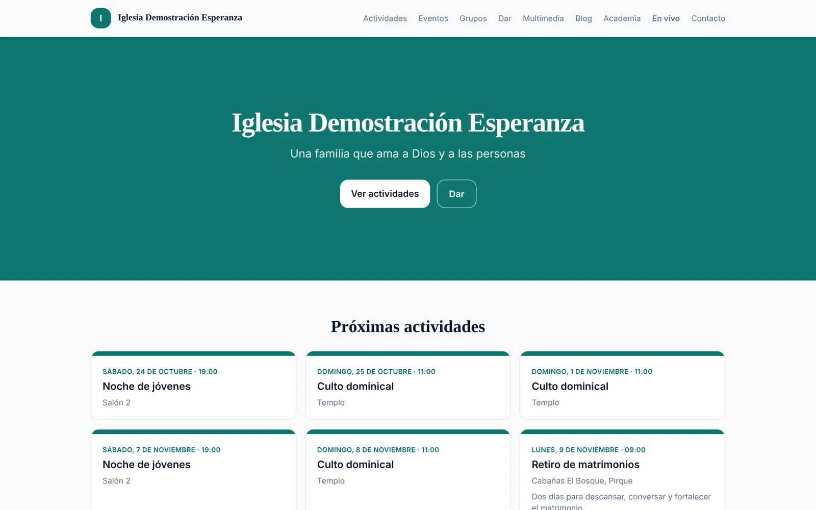 Sitio web en el panel de Flock, con datos de la iglesia de demostración